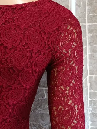 Vestido Burdeos Encaje Manga Larga