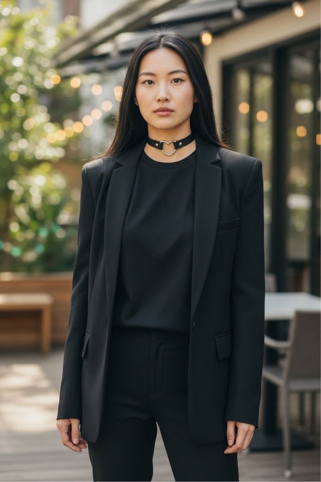 Collar Negro con Corazón Plateado