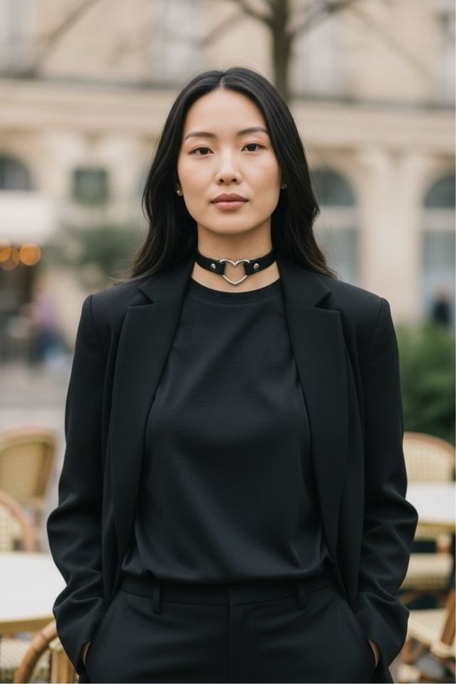 Collar Negro con Corazón Plateado