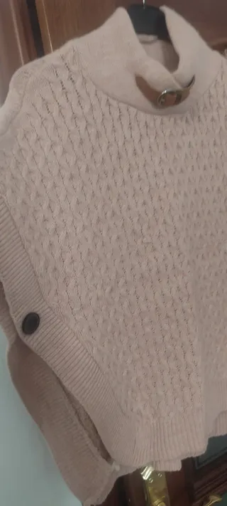 Poncho de punto beige/rosa talla única