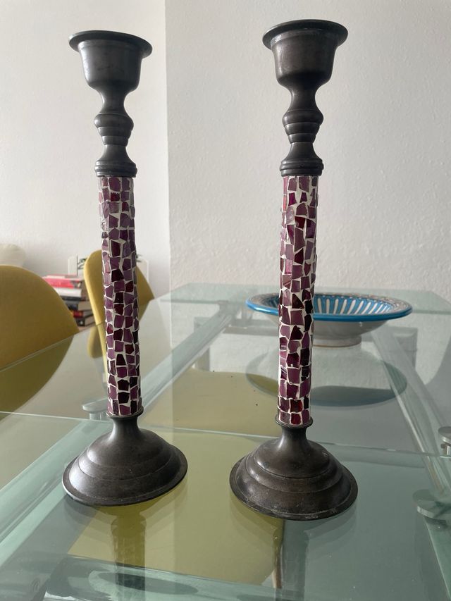 Portacandele in metallo e vetro viola vintage