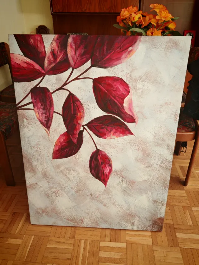 Cuadro al óleo hojas rojas y beige