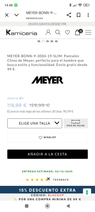 Pantalones Meyer Slim Fit Talla 42