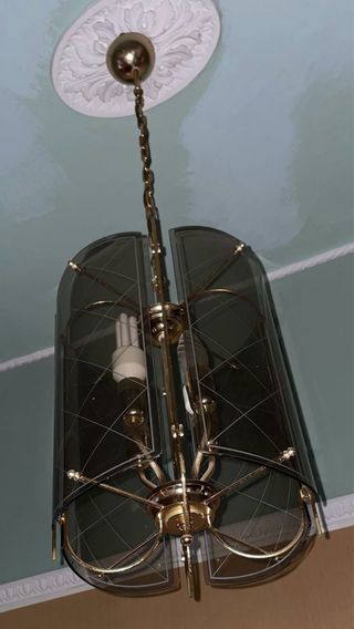 Lampadario metallo vetro dorato e fume’