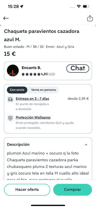 Chaqueta plumífero azul y gris cuello alto