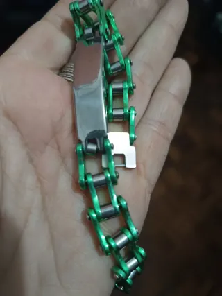 Pulsera eslabones verde y acero plateado