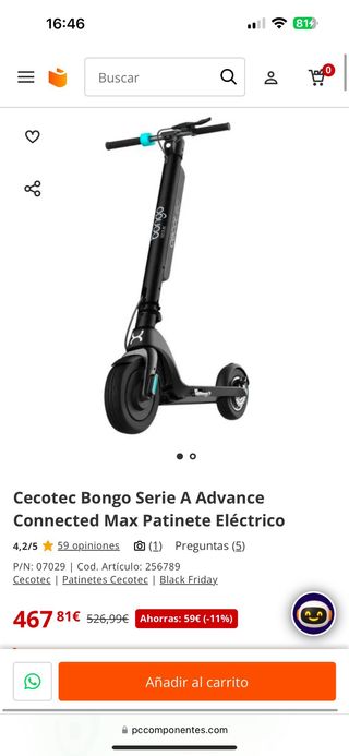 Patinete Eléctrico Cecotec Bongo serie A+ 700W