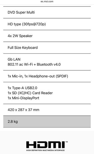 Portátil MSI CX72 6QD i5 con SSD 120GB