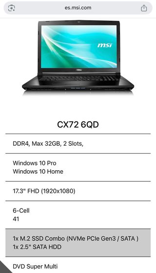 Portátil MSI CX72 6QD i5 con SSD 120GB