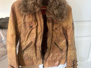 Cazadora Biker Cuero Cuello Pelo Marrón