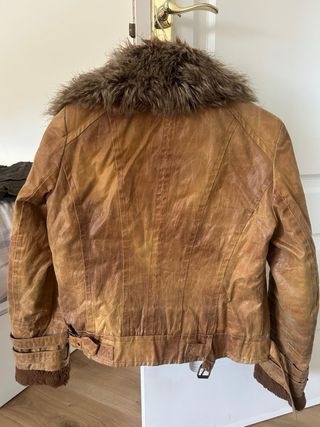 Cazadora Biker Cuero Cuello Pelo Marrón