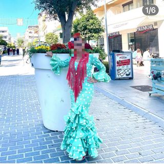Vestido Flamenca Verde Agua Lunares Blancos