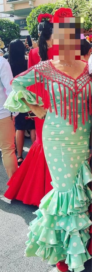 Vestido Flamenca Verde Agua Lunares Blancos