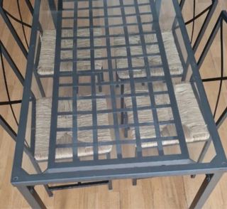 Mesa comedor cristal y 6 sillas hierro