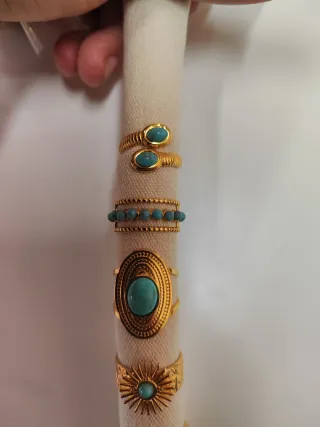 Conjunto 7 Anillos Dorados Turquesa Ajustables