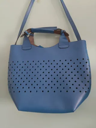 Bolso Zara Piel Búfalo Azul Grande Perforado