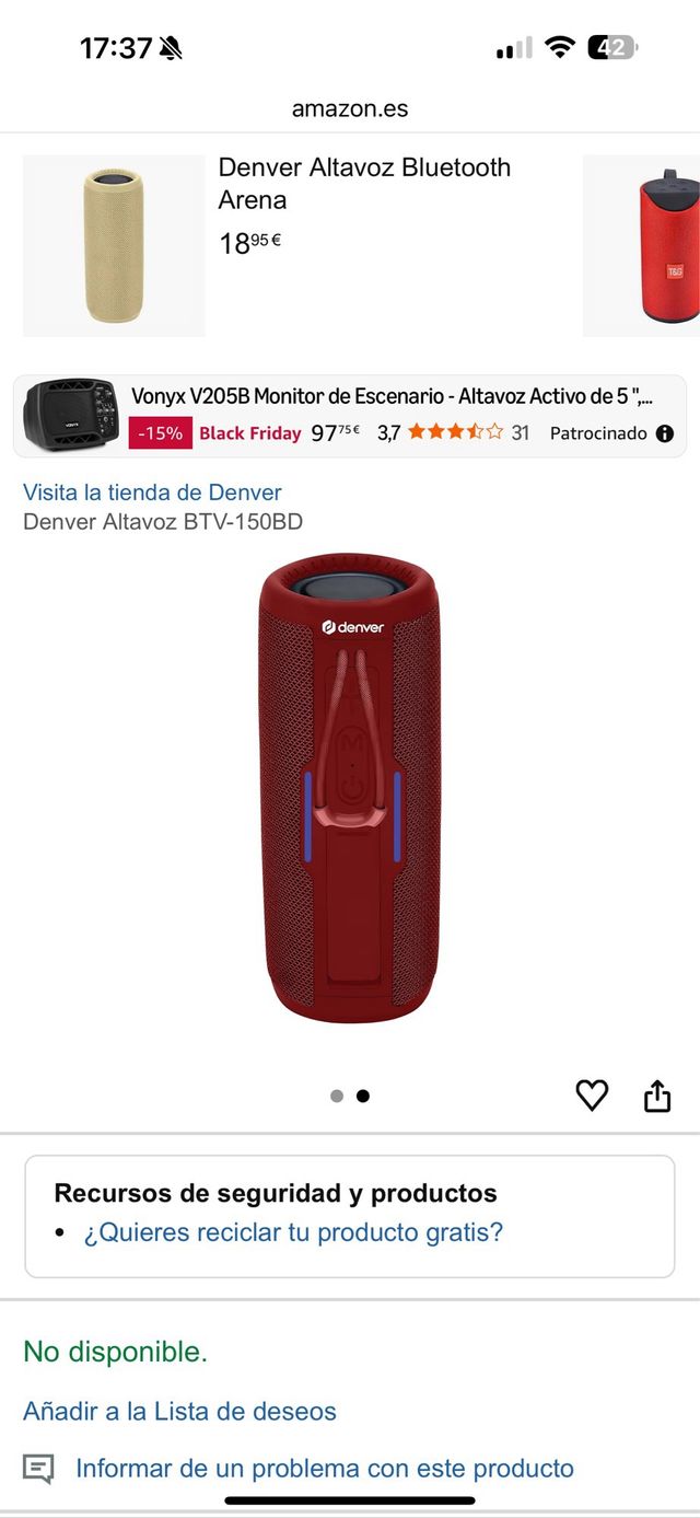 Denver Altavoz Bluetooth Arena Rojo