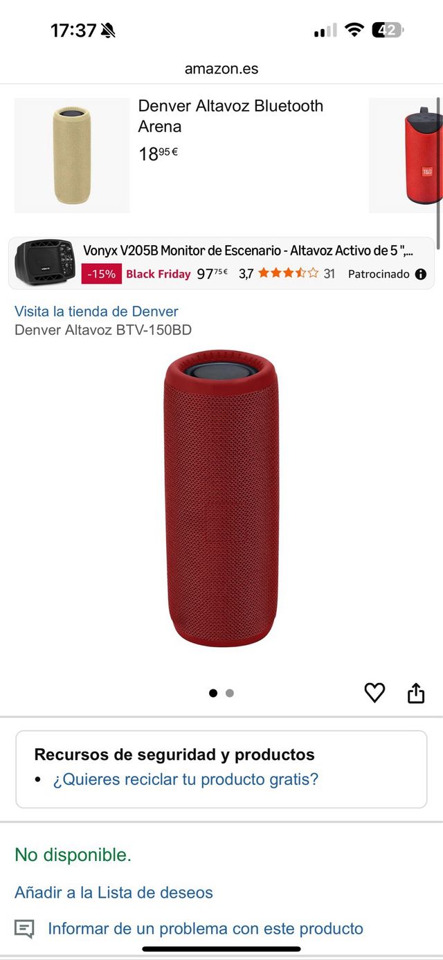 Denver Altavoz Bluetooth Arena Rojo