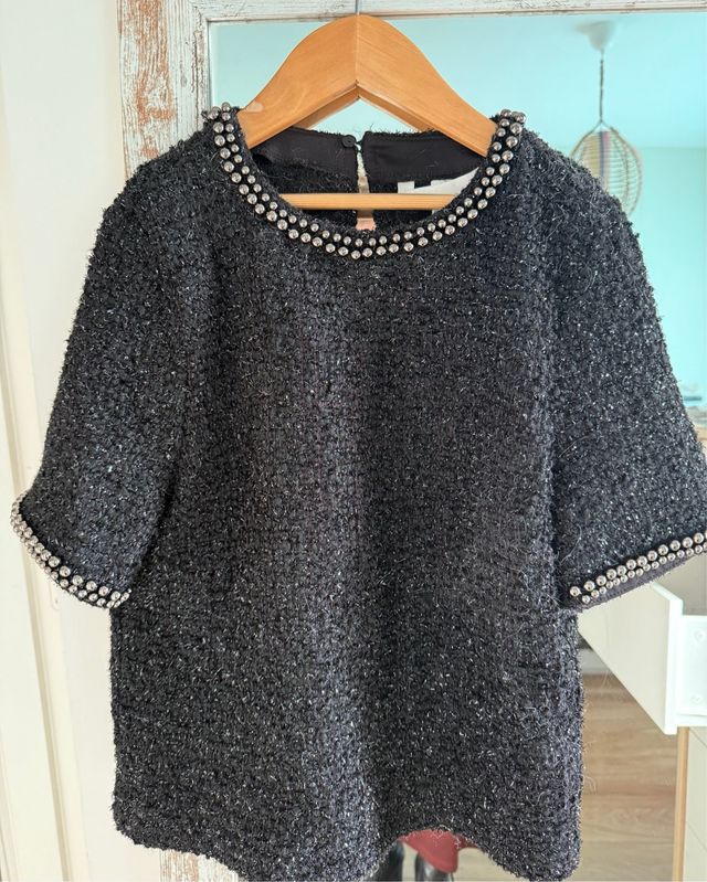 Jersey Mujer Brillo Manga Corta Negro/Plata