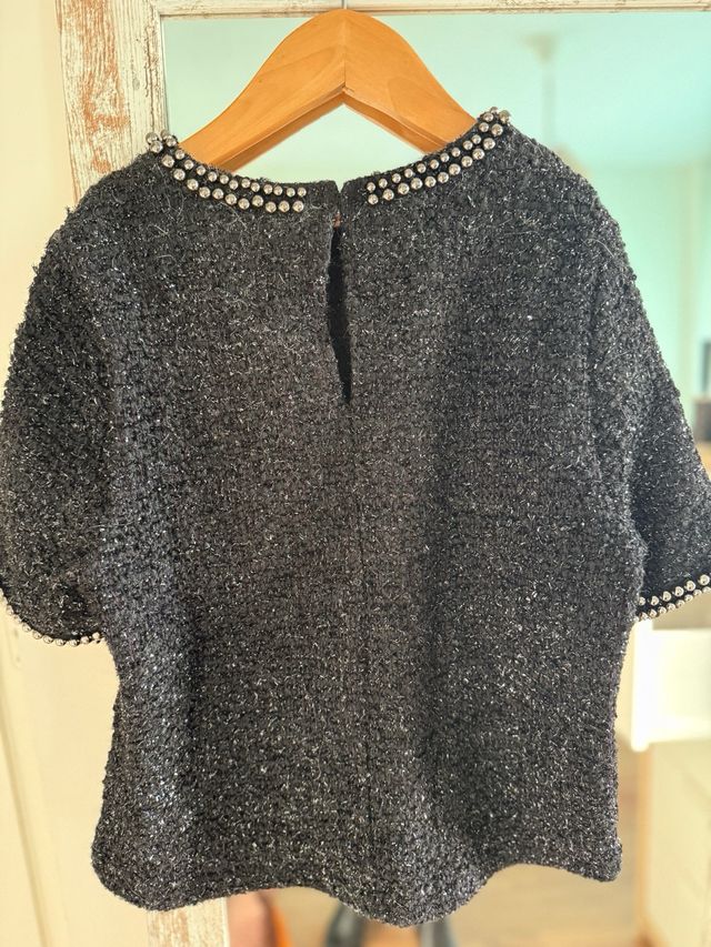 Jersey Mujer Brillo Manga Corta Negro/Plata