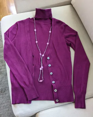 Conjunto cárdigan y top cuello alto magenta Mango