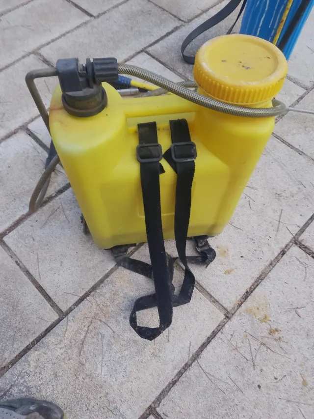 Due zaini per irrorazione, uno blu e uno giallo