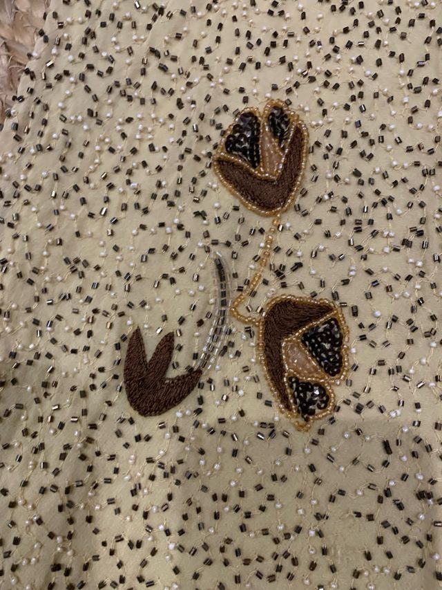 Vestido largo lentejuelas beige y oro