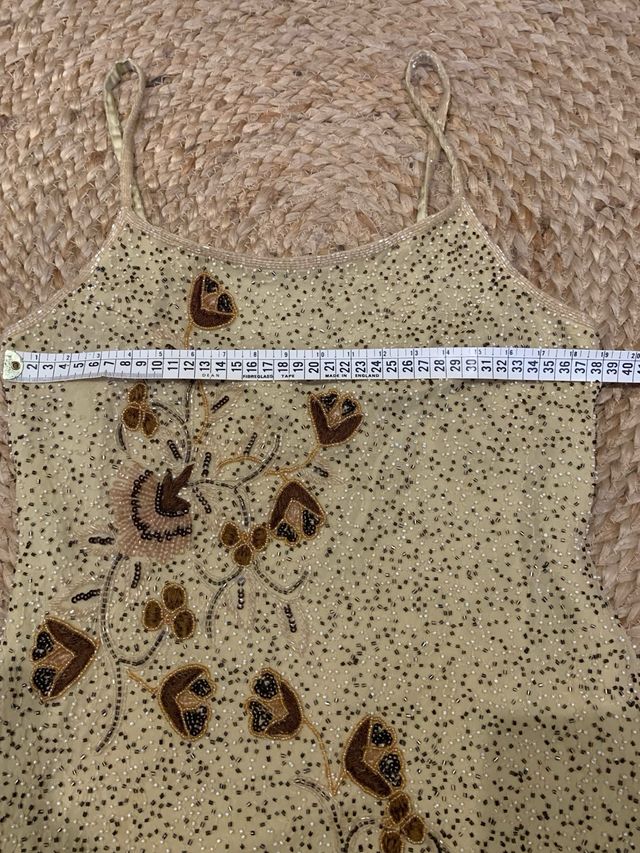 Vestido largo lentejuelas beige y oro