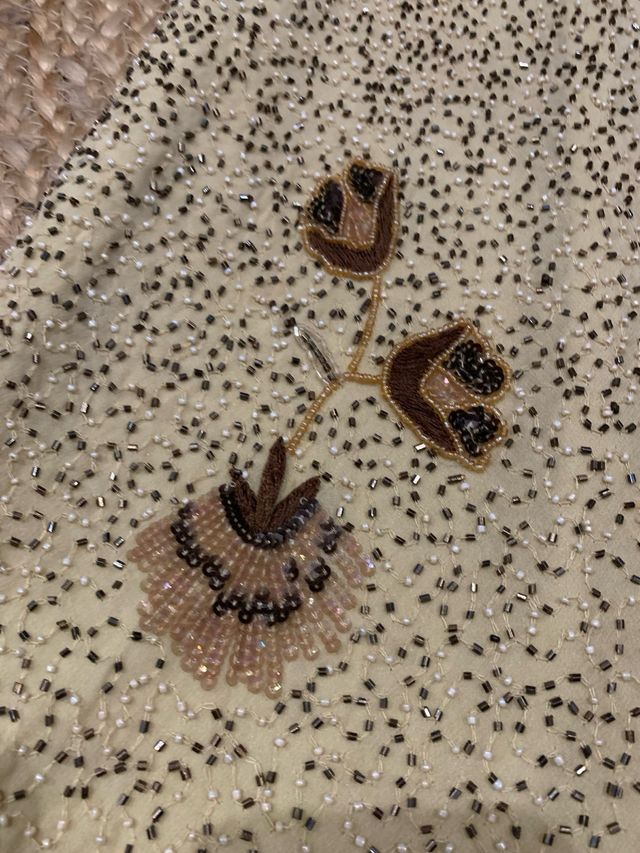 Vestido largo lentejuelas beige y oro