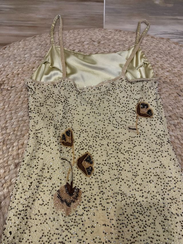 Vestido largo lentejuelas beige y oro