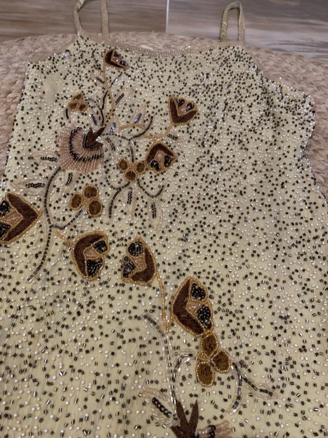 Vestido largo lentejuelas beige y oro