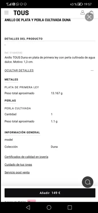 Anillo Tous Plata Perla