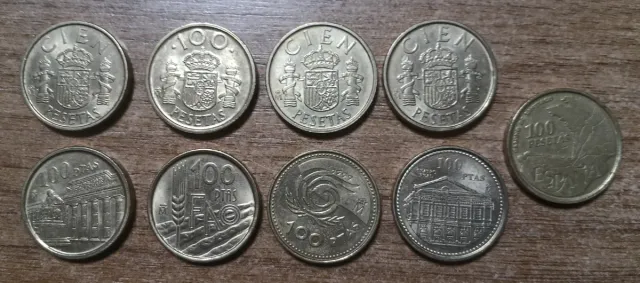 Lote de 9 monedas de 100 pesetas españolas