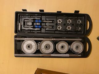 Maleta pesas 1 barra 2 mancuernas discos