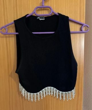 Top Zara Negro con Flecos de Strass
