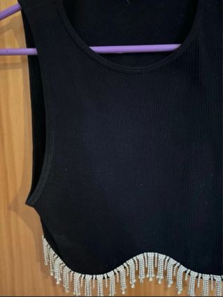 Top Zara Negro con Flecos de Strass