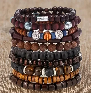 Set 10 Braccialetti Uomo Legno Multicolore