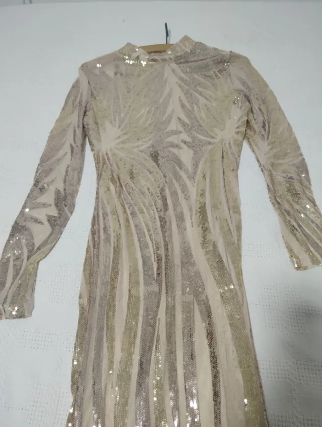 Vestido de fiesta lentejuelas beige y oro