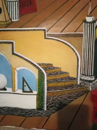 Quadro olio su tela, metafisica, piazza, bar