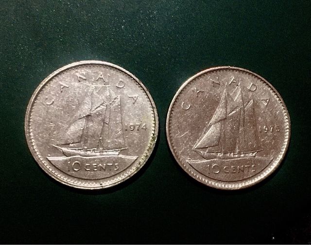 2 monedas CANADA 10 cts. 1974 1975