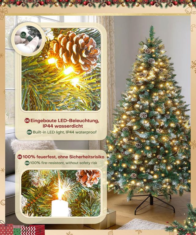 Árvore de Natal Yorbai 180cm com neve LED e pinhas