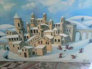 Quadro olio su tela paesaggio invernale, Naif