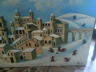 Quadro olio su tela paesaggio invernale, Naif
