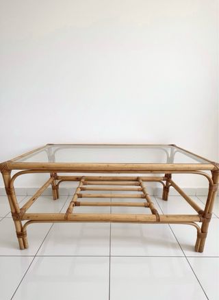 Tavolo da centro vintage in bambù e cristallo