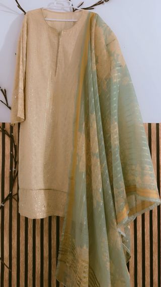 Vestido pakistaní beige y verde