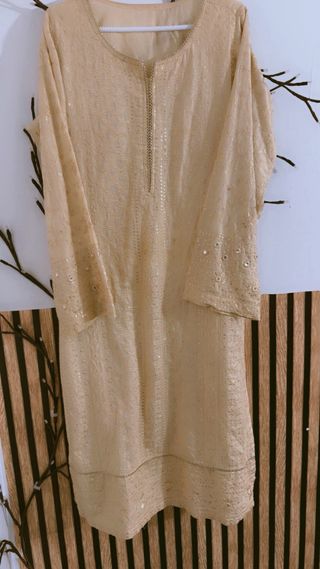 Vestido pakistaní beige y verde