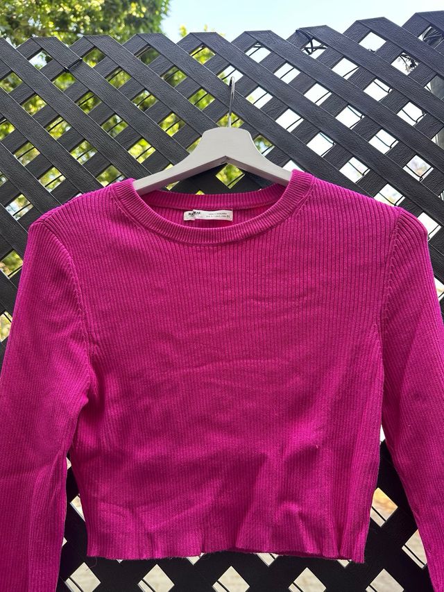 Camiseta manga larga crop top fucsia