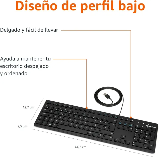 Tastiera con cavo USB Amazon Basics, base sottile, layout spagnolo, nero opaco
