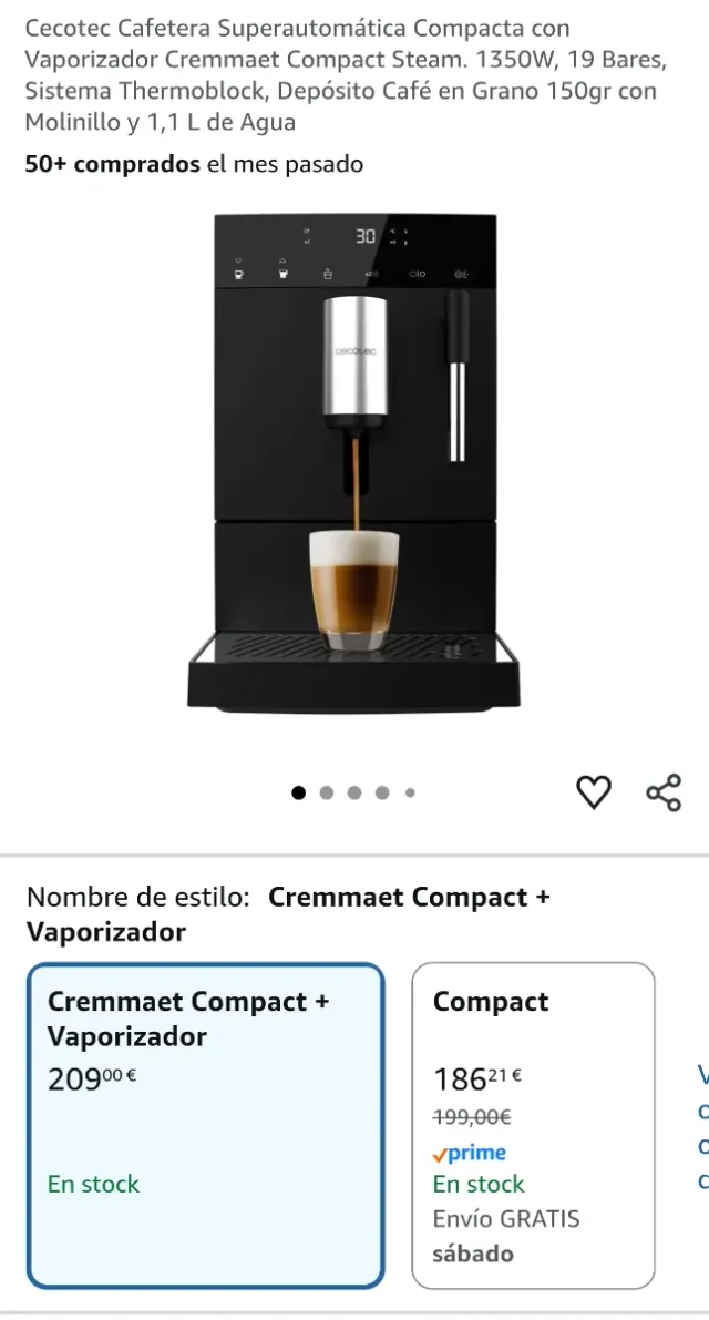 Macchina da caffè Cecotec Cremmaet Compact Steam superautomatica con vaporizzatore