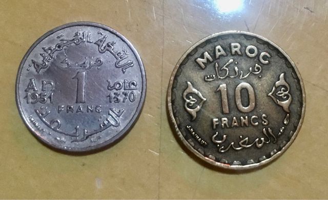 2 Monedas Marruecos 1 Fr 10 Fr 1951